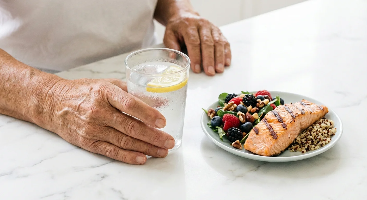 A glass of water and a healthy snack, representing the importance of hydration and nutrition.