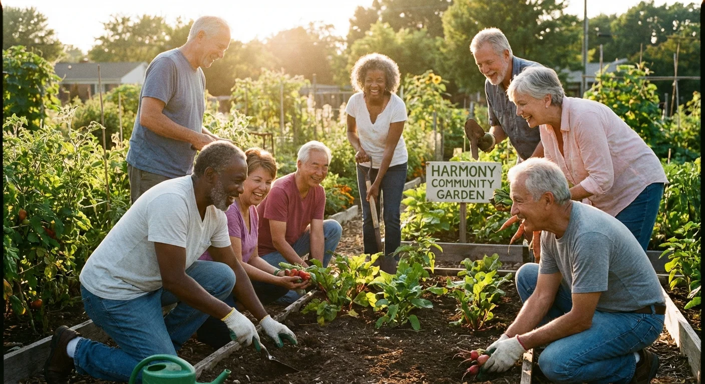 A group of active retirees gardening together in a vibrant community plot.