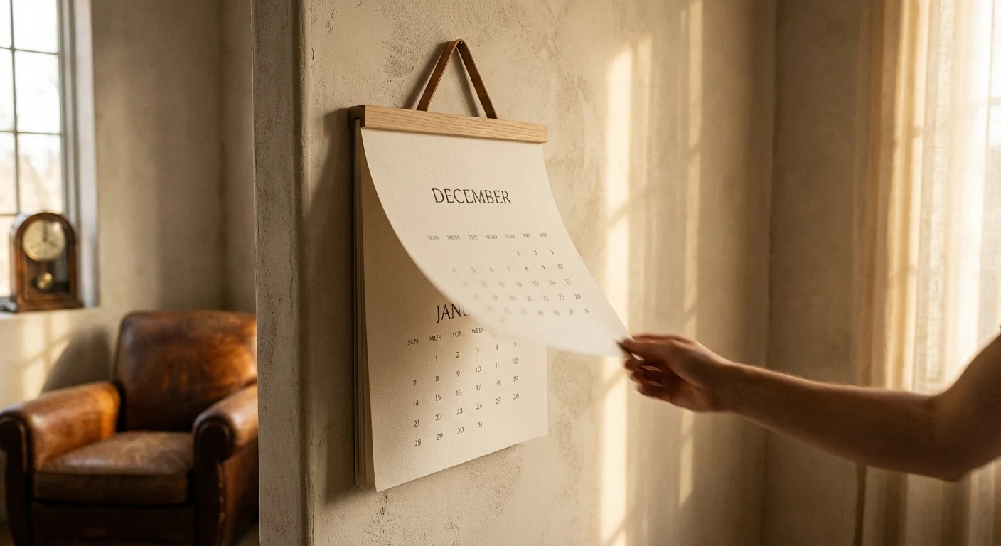 A hand turning the page of a minimalist wall calendar.