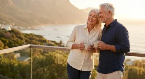 A happy senior couple enjoying the view from their new modern apartment balcony at sunset.