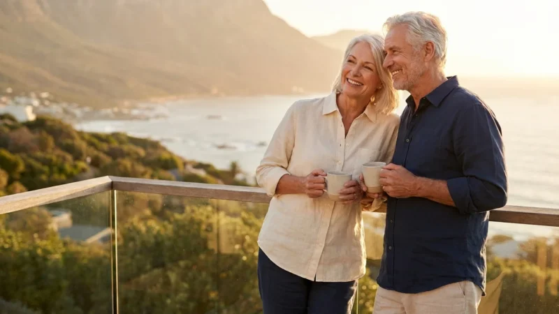 A happy senior couple enjoying the view from their new modern apartment balcony at sunset.
