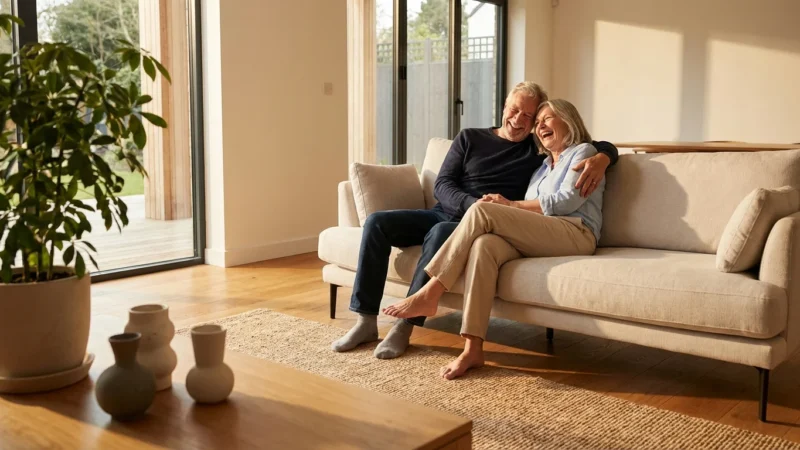 A happy senior couple enjoying their safe, brightly lit modern living room.