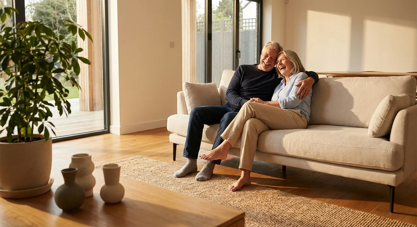 A happy senior couple enjoying their safe, brightly lit modern living room.