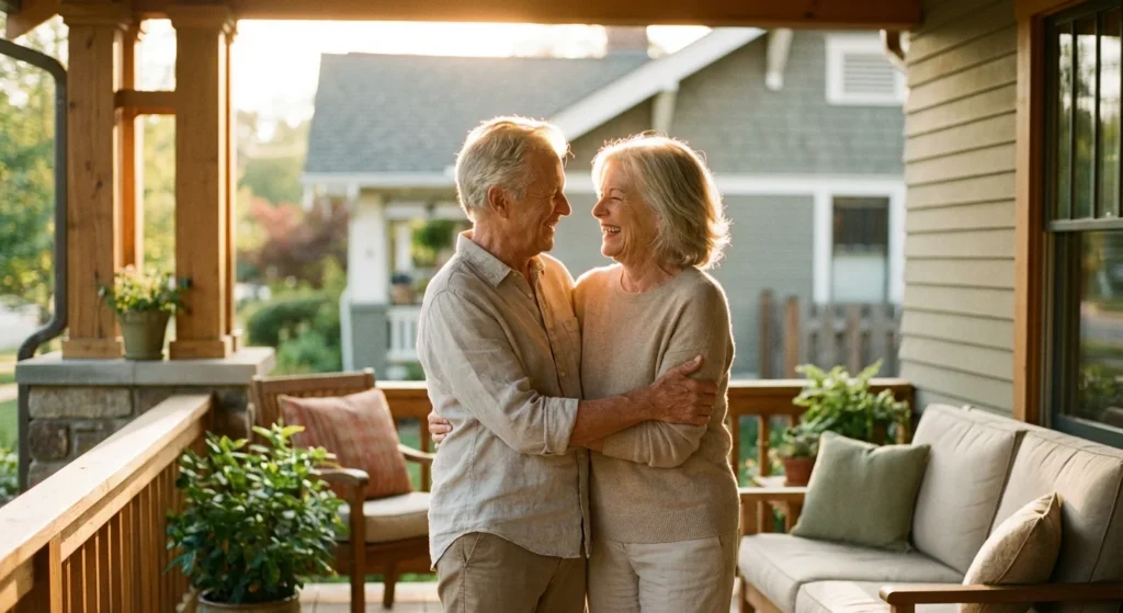 A happy senior couple laughing together on a sunny porch of their beautiful suburban home.