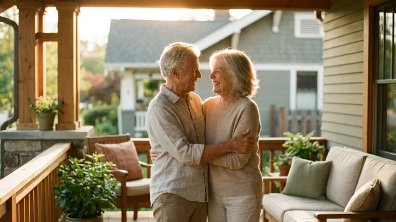A happy senior couple laughing together on a sunny porch of their beautiful suburban home.