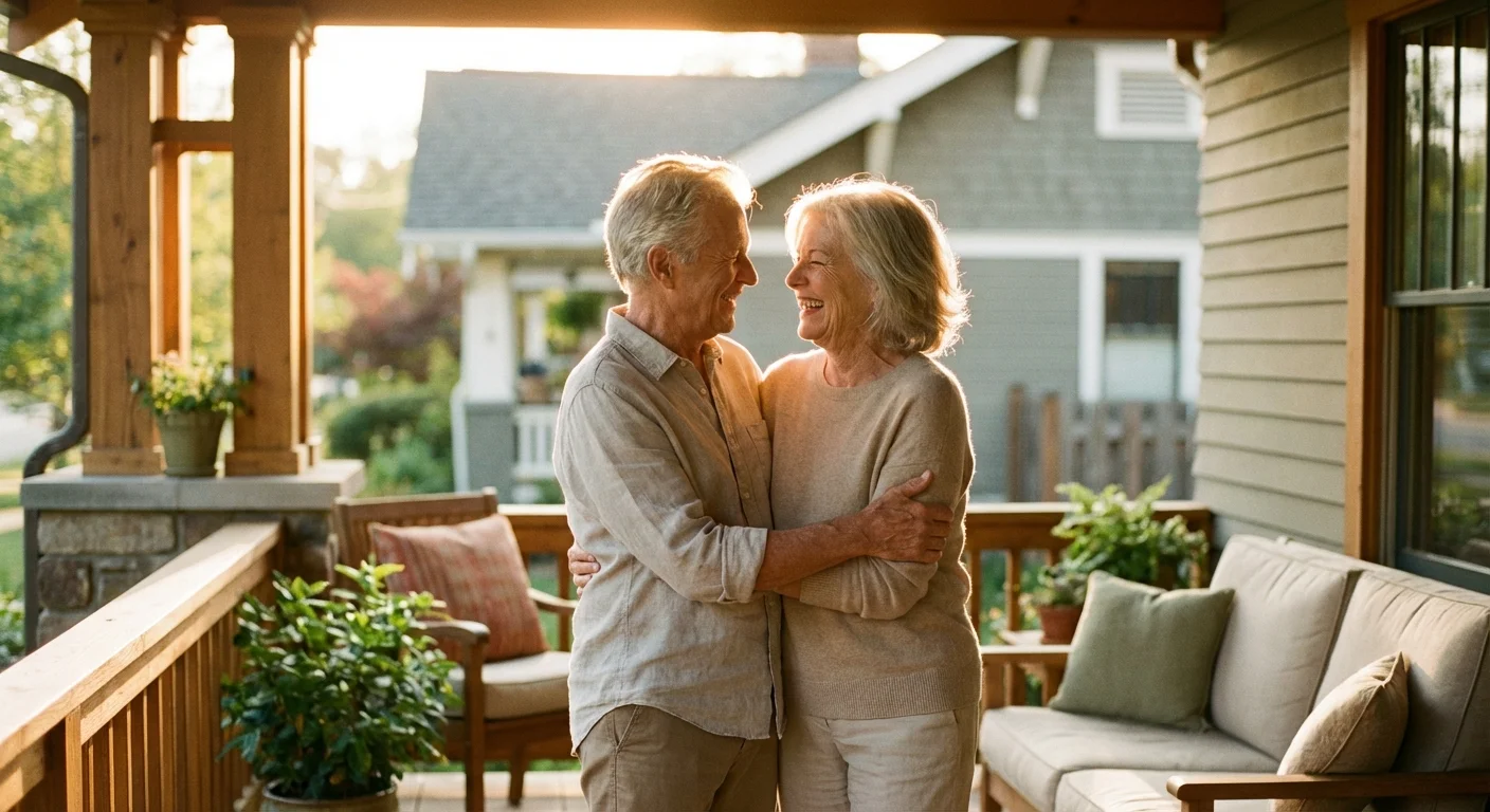 A happy senior couple laughing together on a sunny porch of their beautiful suburban home.
