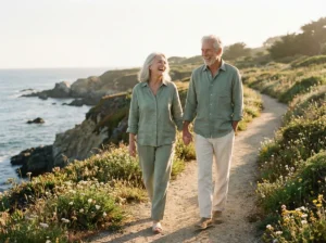 A healthy senior couple walking outdoors on a sunny day, representing vitality and retirement wellness.