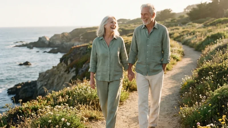 A healthy senior couple walking outdoors on a sunny day, representing vitality and retirement wellness.