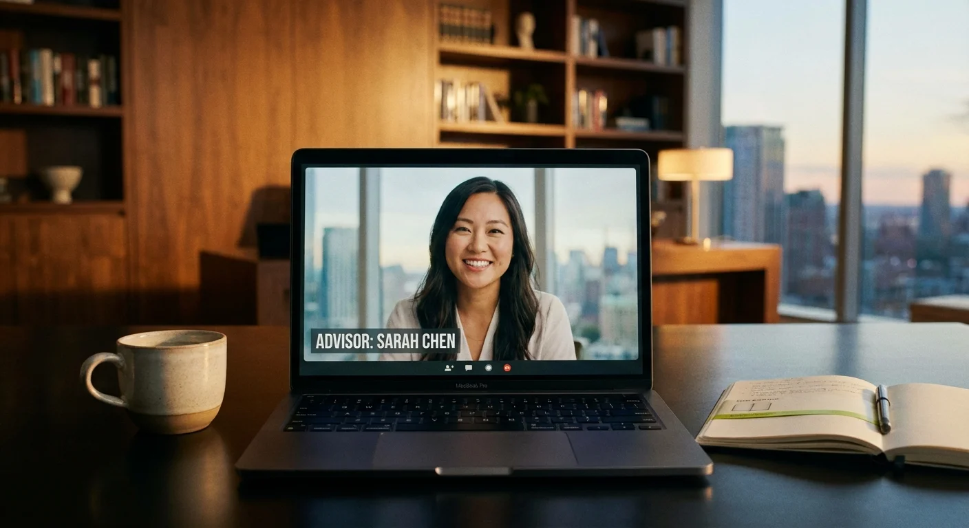 A laptop screen showing a professional consultation, representing expert financial advice.