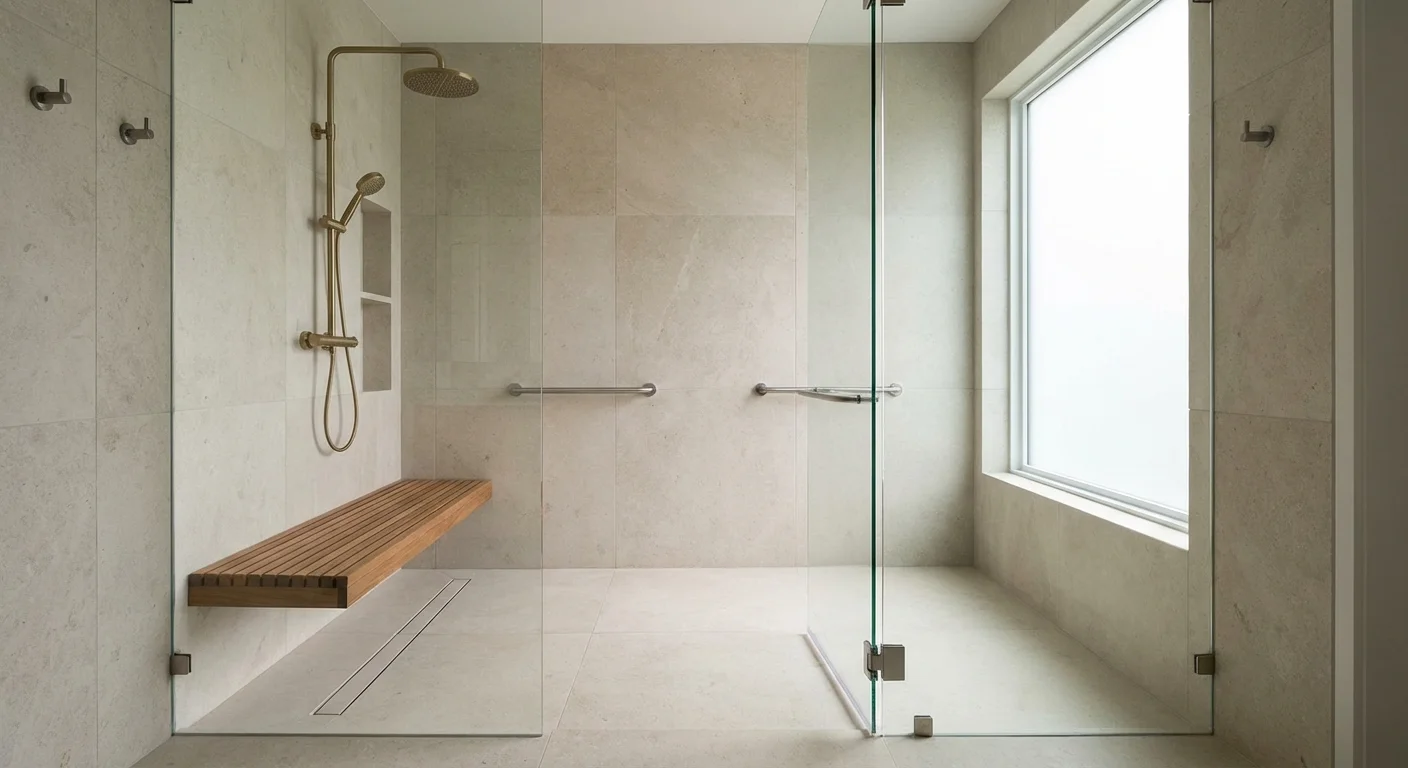 A luxury curbless walk-in shower with a teak bench and modern glass enclosure.