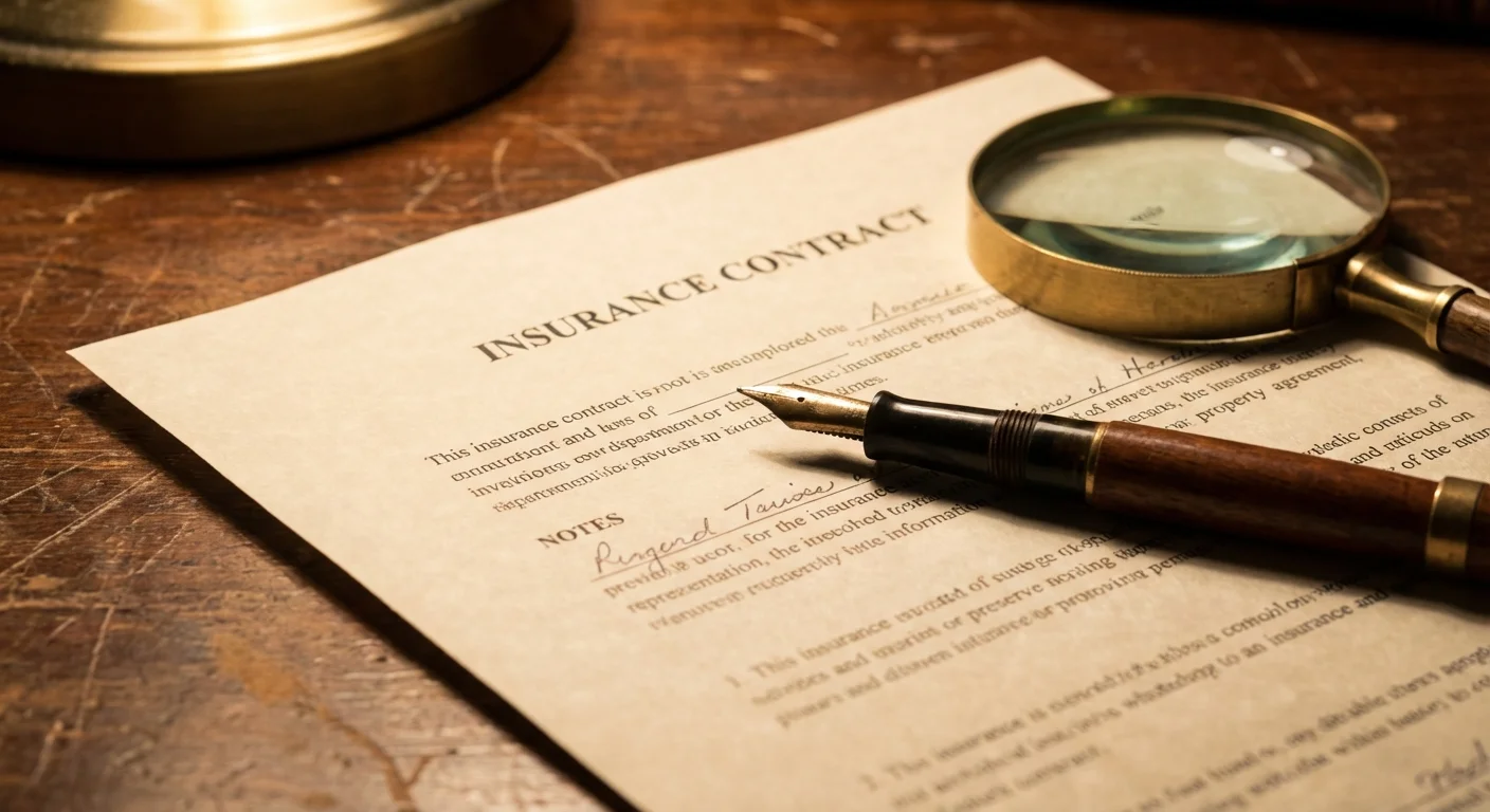 A magnifying glass and pen on an insurance contract, symbolizing attention to detail.