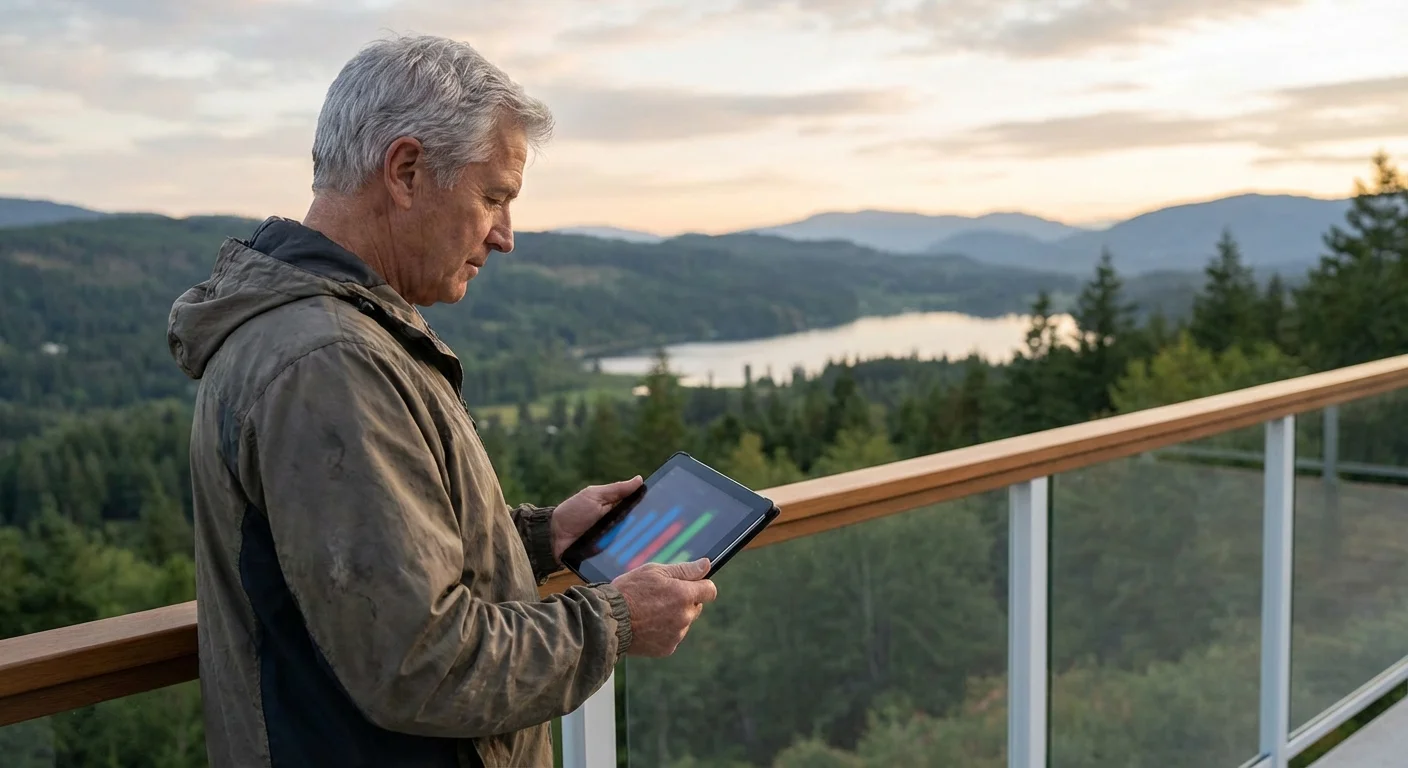 A man looking at a chart on a tablet while standing on a balcony.