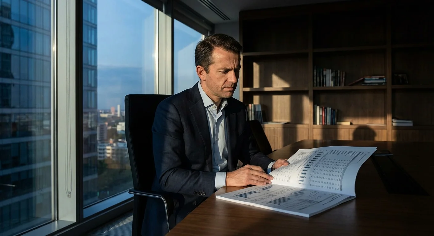 A man looking thoughtfully at a financial document, representing caution in planning.