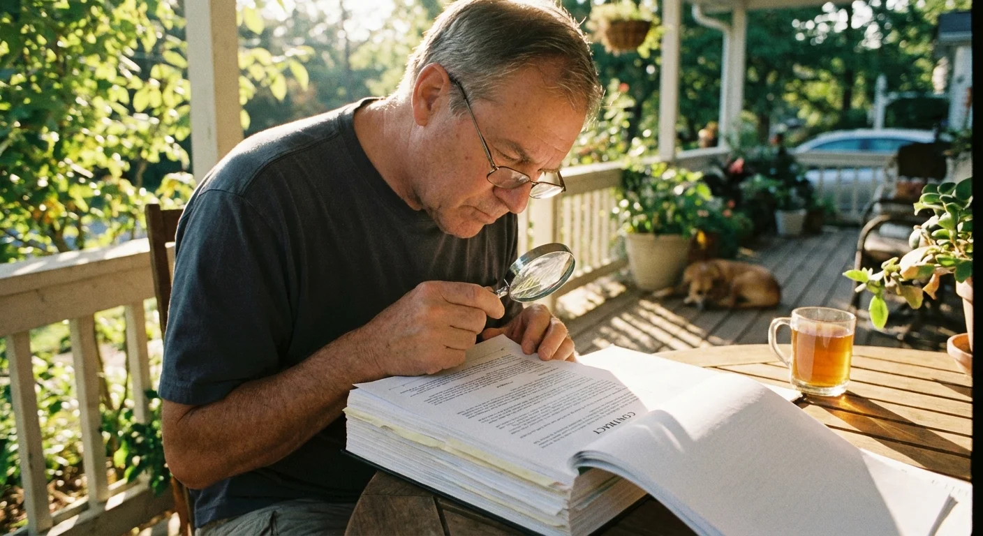 A man reading a contract carefully on a sunlit porch.