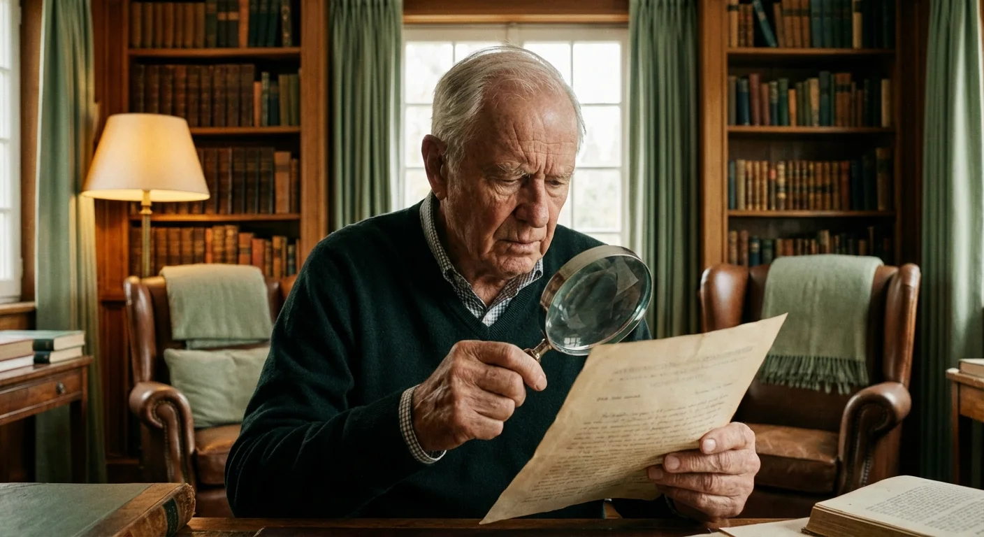 A man using a magnifying glass to read a document in a home library.