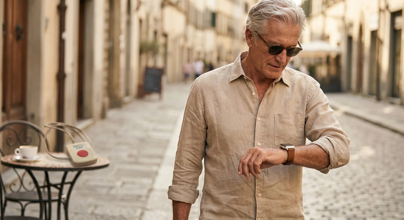 A man using a modern smartwatch with an old medical alert pendant blurred in the background.
