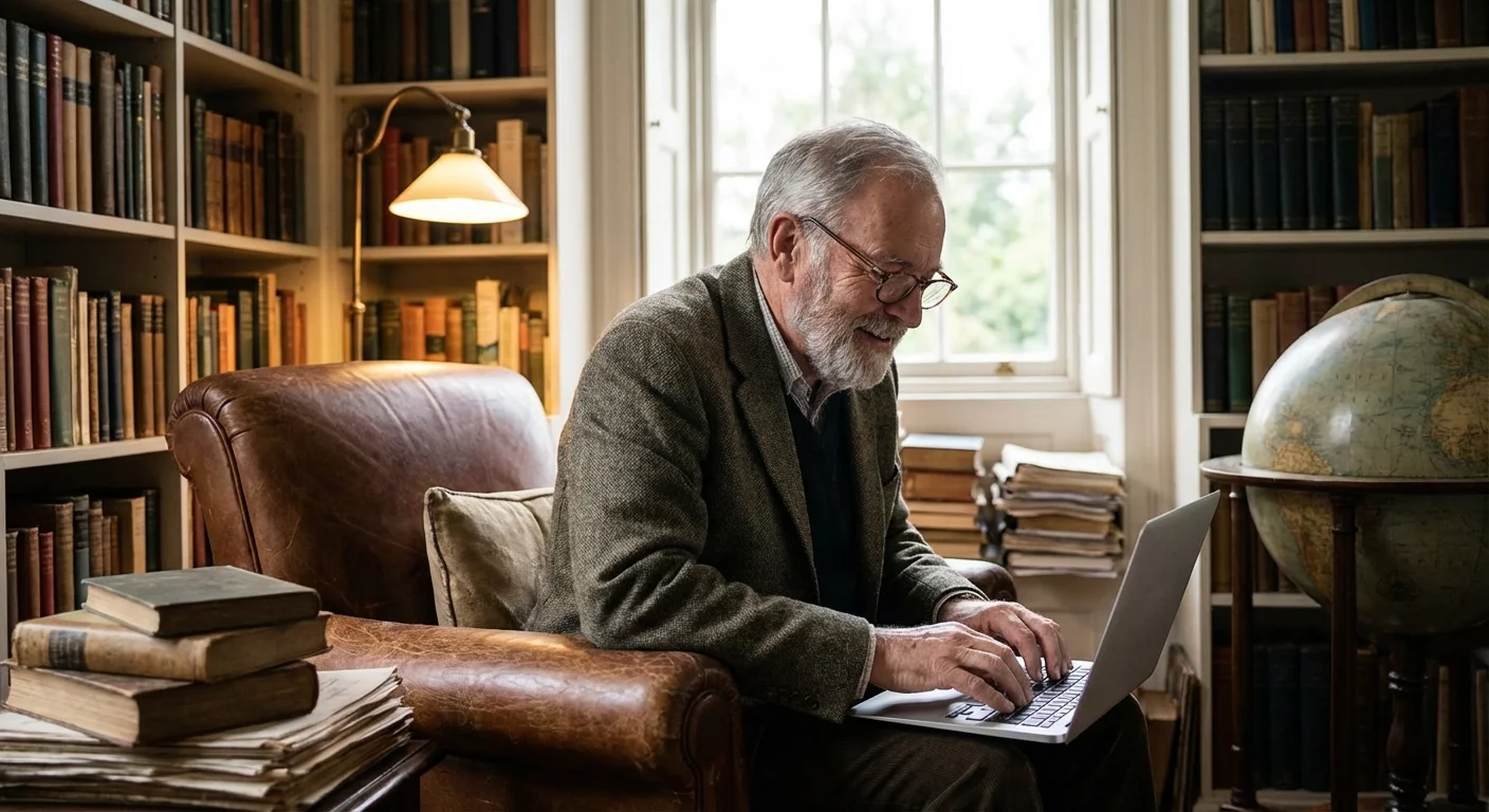 A man working on a laptop in a sophisticated home library.