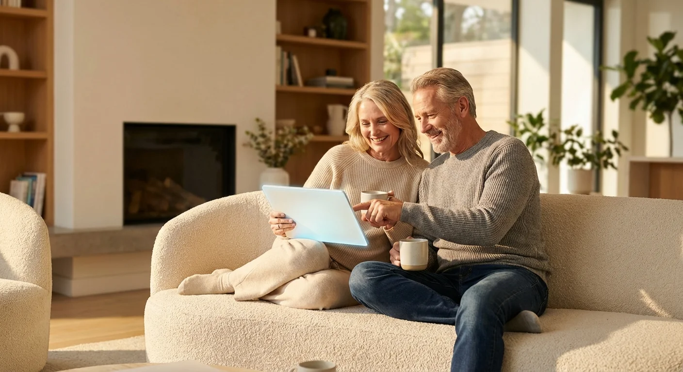 A mature couple sits together in a bright, modern living room looking at a tablet, planning their retirement strategy.