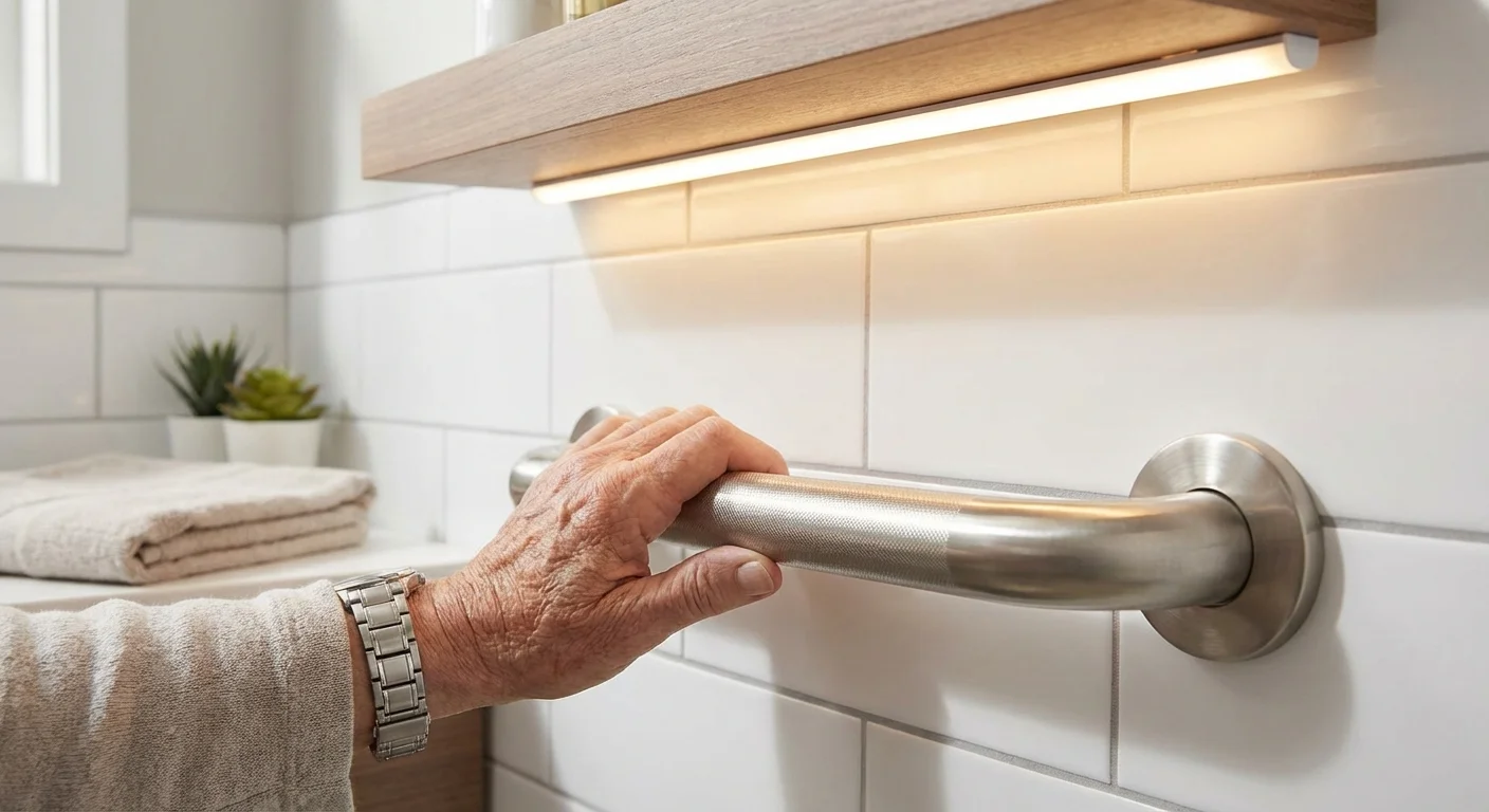 A modern brushed nickel grab bar installed on a white tiled bathroom wall.