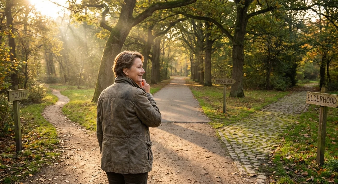 A person stands at a fork in a beautiful park path, contemplating three different directions.