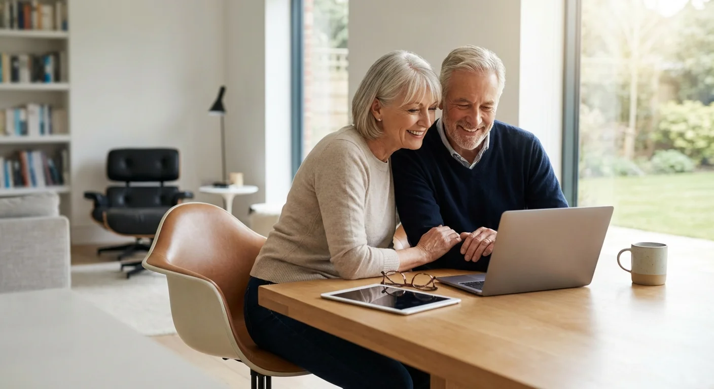 A relaxed retired couple reviewing their financial plan on a laptop in a bright home office.