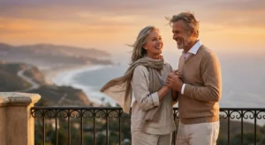 A retired couple enjoying a sunset view from a balcony, symbolizing financial freedom and a new chapter.