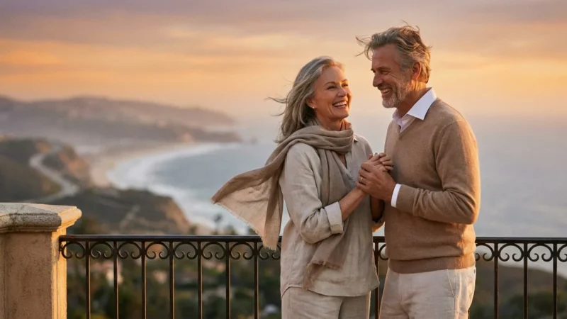 A retired couple enjoying a sunset view from a balcony, symbolizing financial freedom and a new chapter.
