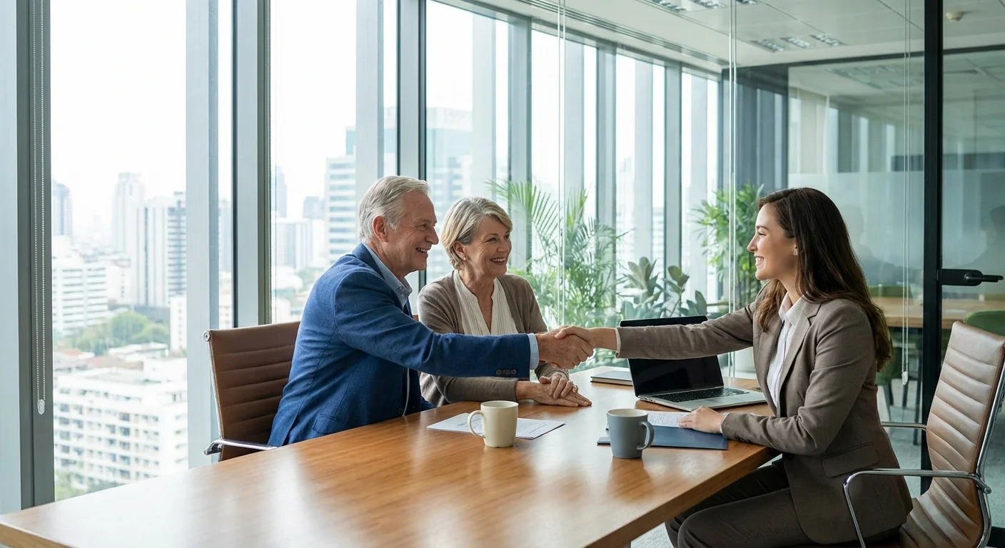 A retired couple shaking hands with a financial advisor in an office.