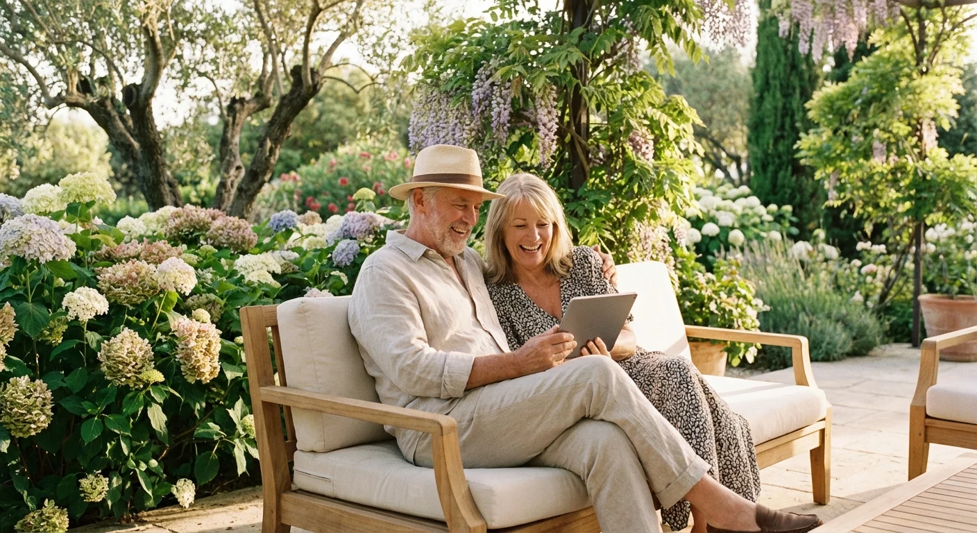 A retired couple smiling while looking at a tablet on a sunny patio.