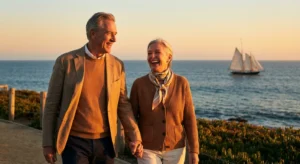 A retired couple walking in a coastal park at sunset.