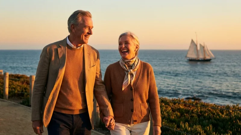 A retired couple walking in a coastal park at sunset.