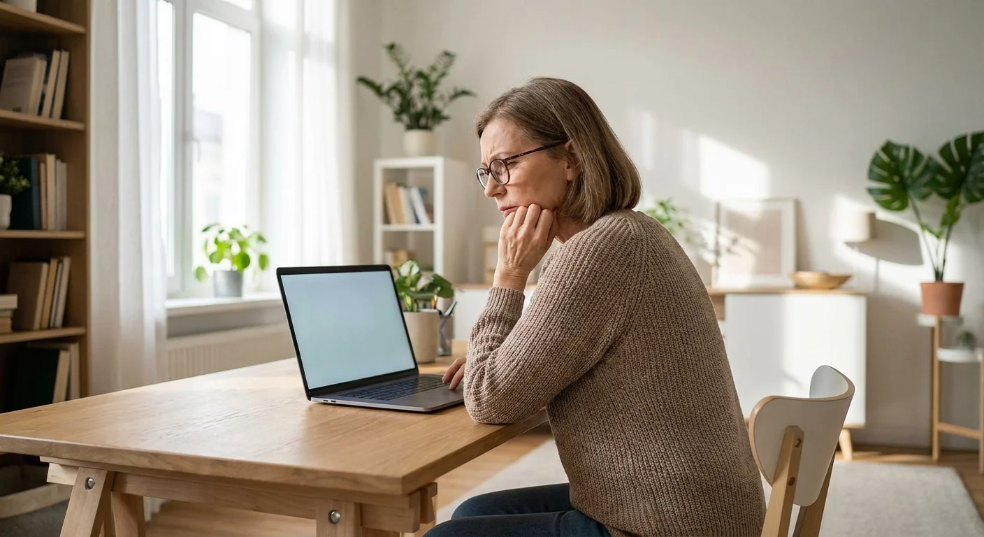 A retiree looks thoughtfully at a laptop, illustrating the careful consideration needed to avoid claiming mistakes.