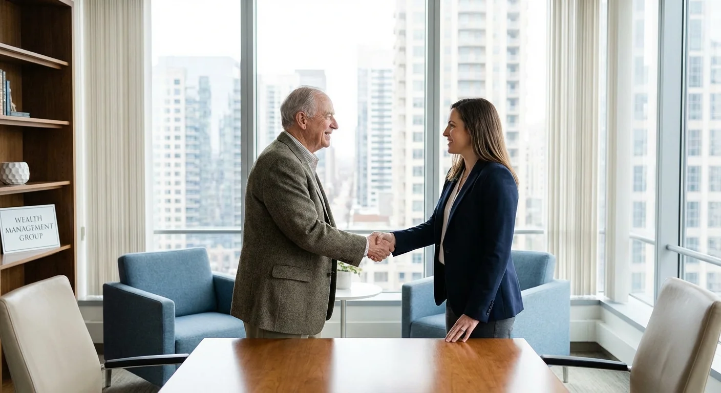 A retiree shakes hands with a professional advisor in a bright, modern office.