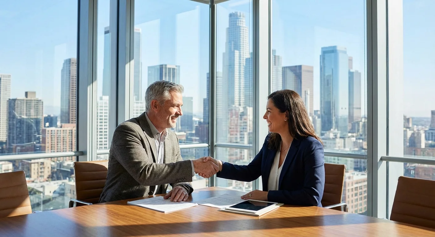 A retiree shaking hands with a professional advisor in a modern office.