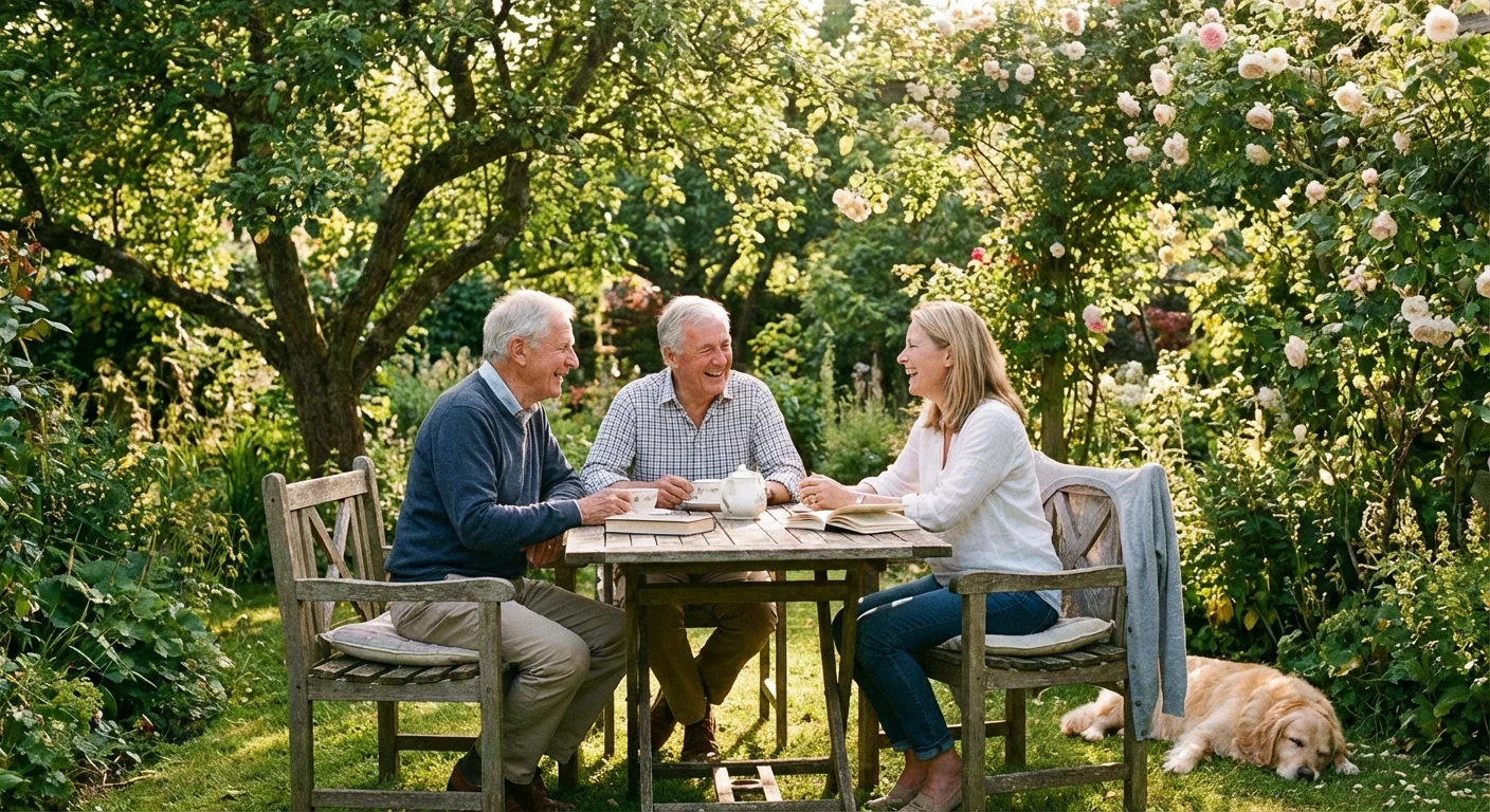 A senior couple and their adult daughter talking together in a sunny garden.