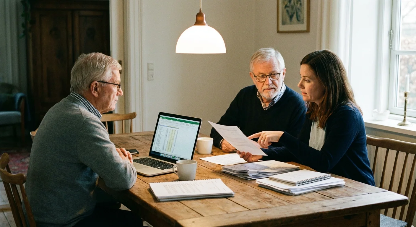 A senior couple and their daughter discuss finances and planning together at a dining table.