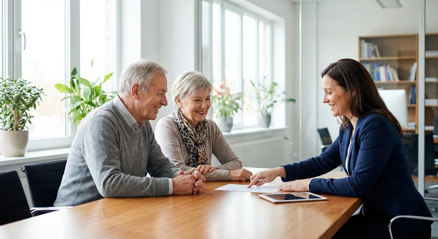 A senior couple consulting with a professional advisor in a bright office.
