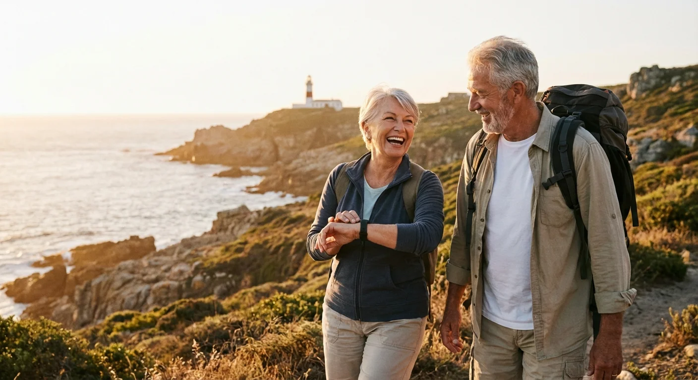 A senior couple exercising outdoors while using fitness tracking wearables.