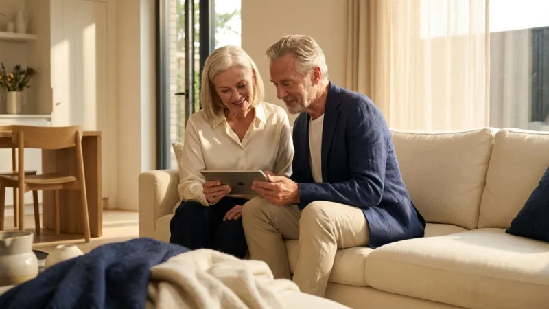 A senior couple looking at a tablet in a bright living room, symbolizing retirement planning clarity.