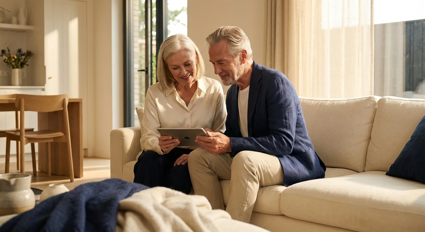 A senior couple looking at a tablet in a bright living room, symbolizing retirement planning clarity.