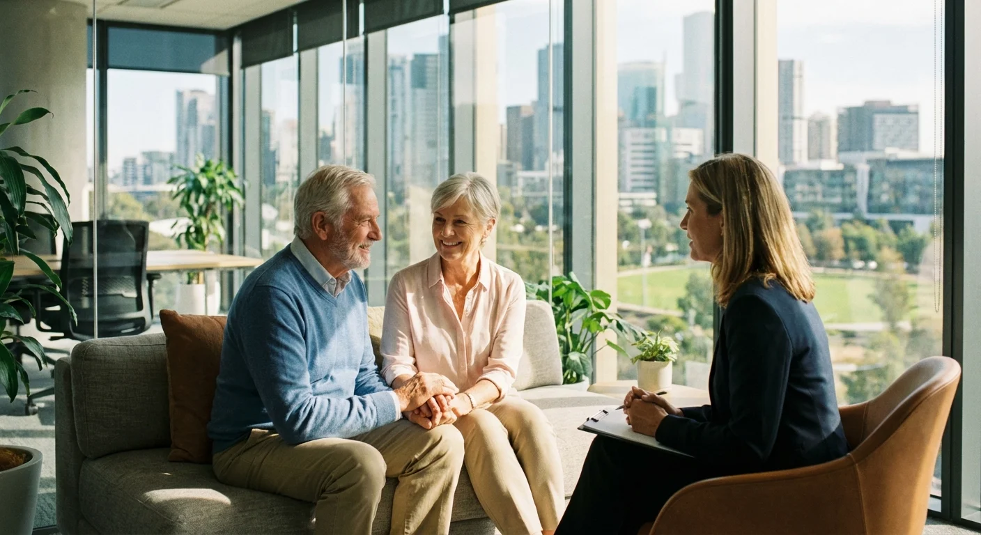 A senior couple meeting with a professional advisor in a bright, modern office.