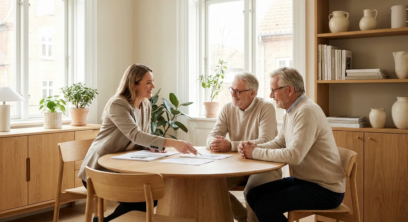 A senior couple meeting with a professional advisor in a bright office.
