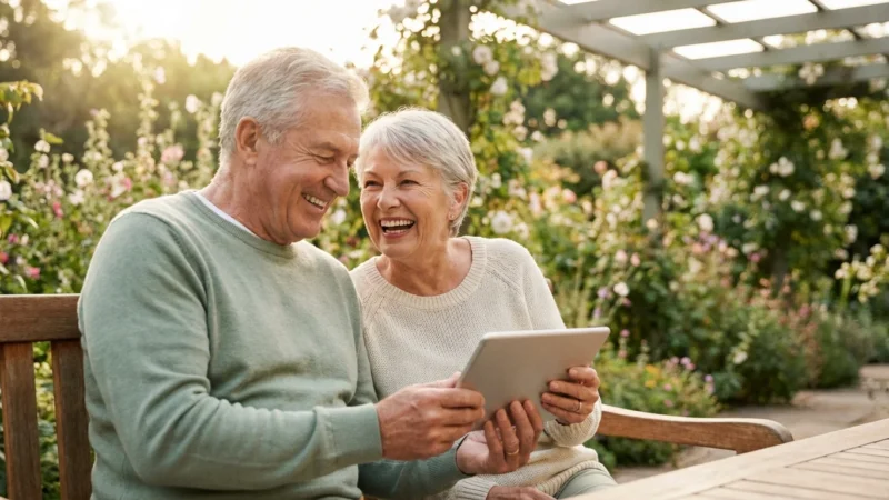 A senior couple planning their future on a tablet in a sunny garden setting.