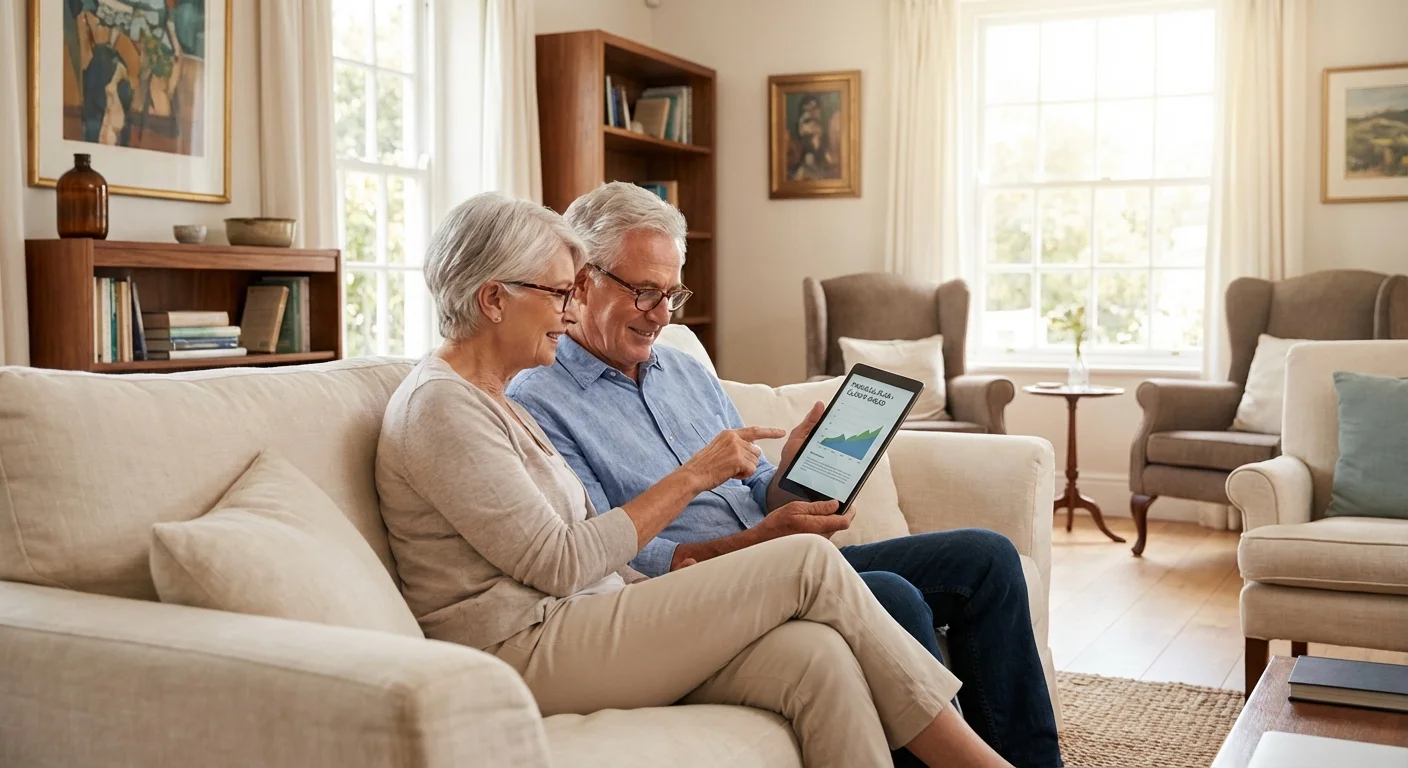 A senior couple reviewing financial information on a tablet in their home.