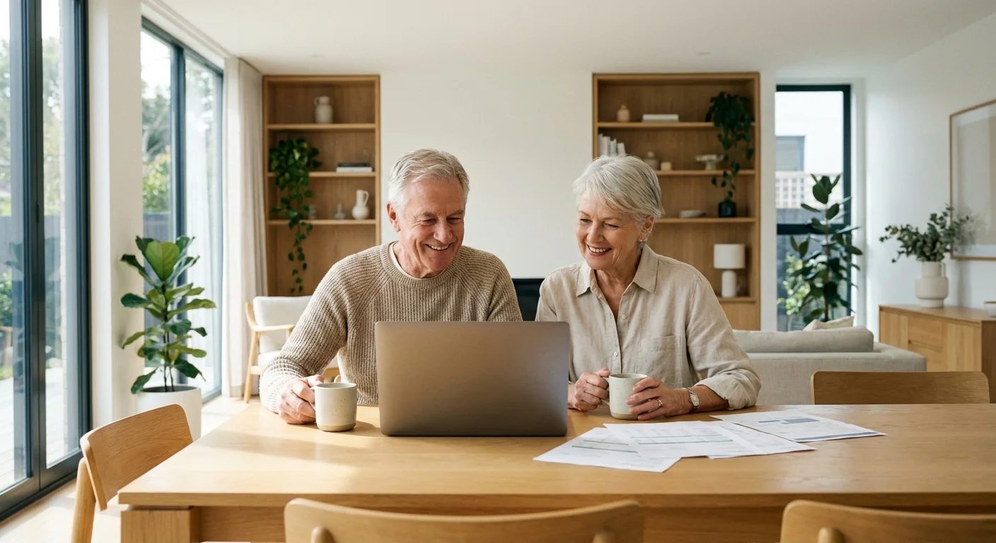 A senior couple reviewing their retirement finances in a bright, modern kitchen.