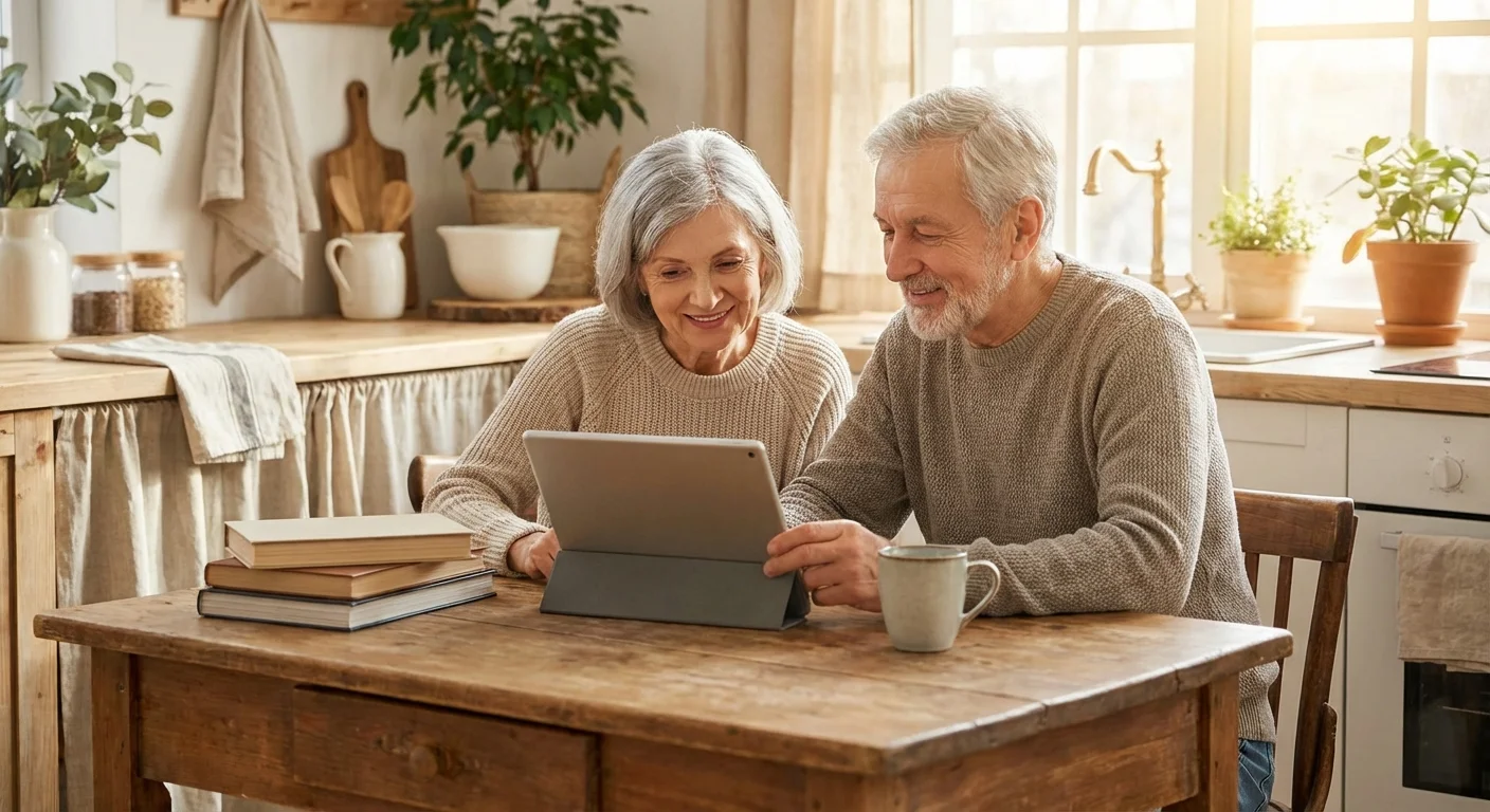 A senior couple sitting together at a sunlit kitchen table looking at a tablet.