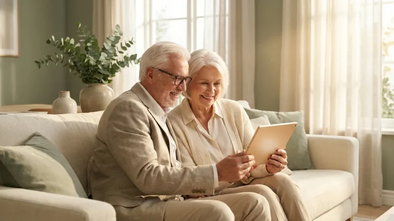 A senior couple smiling while looking at a tablet in a bright, modern home.