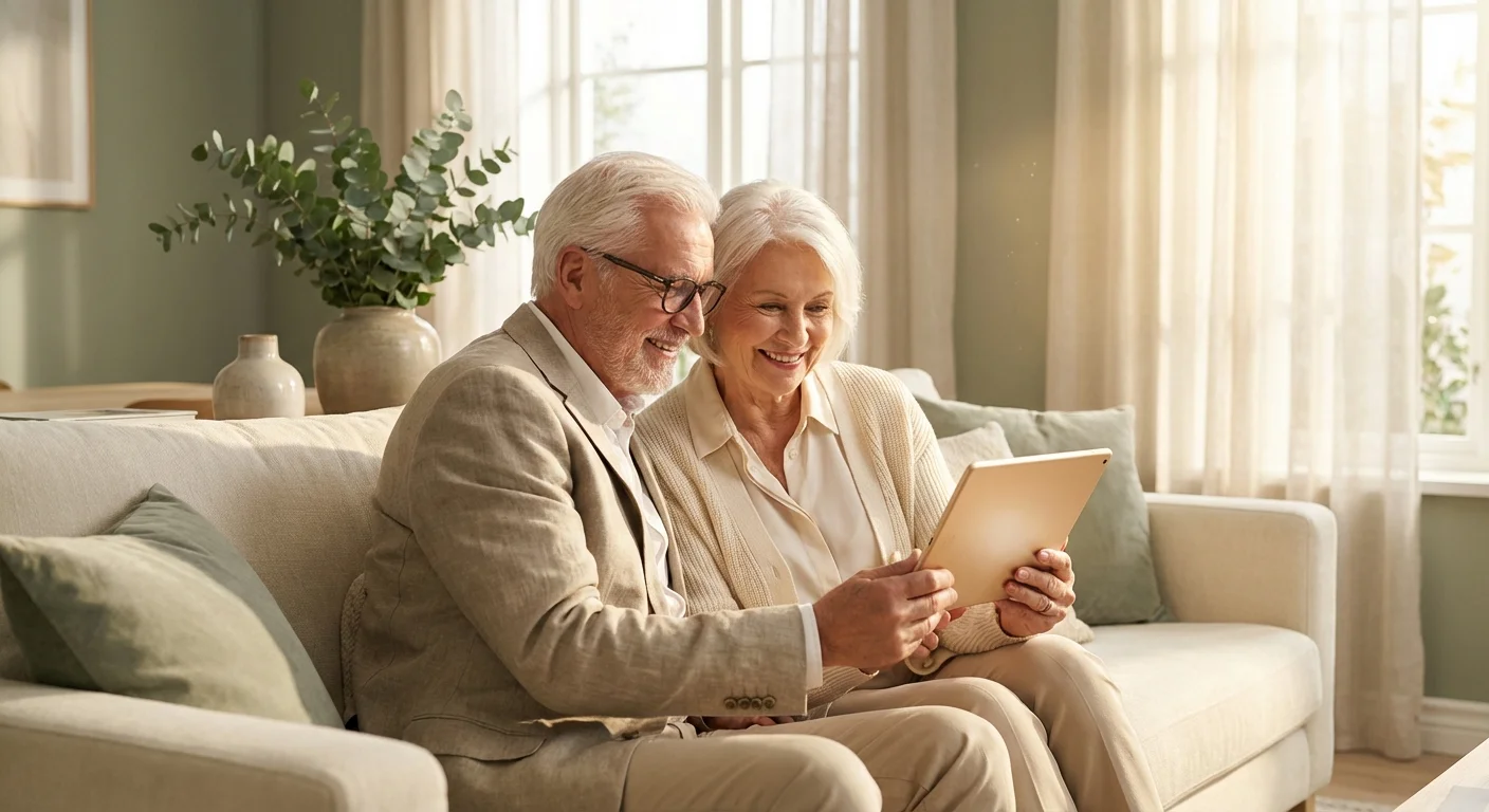A senior couple smiling while looking at a tablet in a bright, modern home.