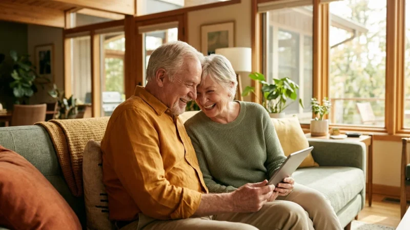 A senior couple smiling while looking at a tablet in a bright, modern living room.