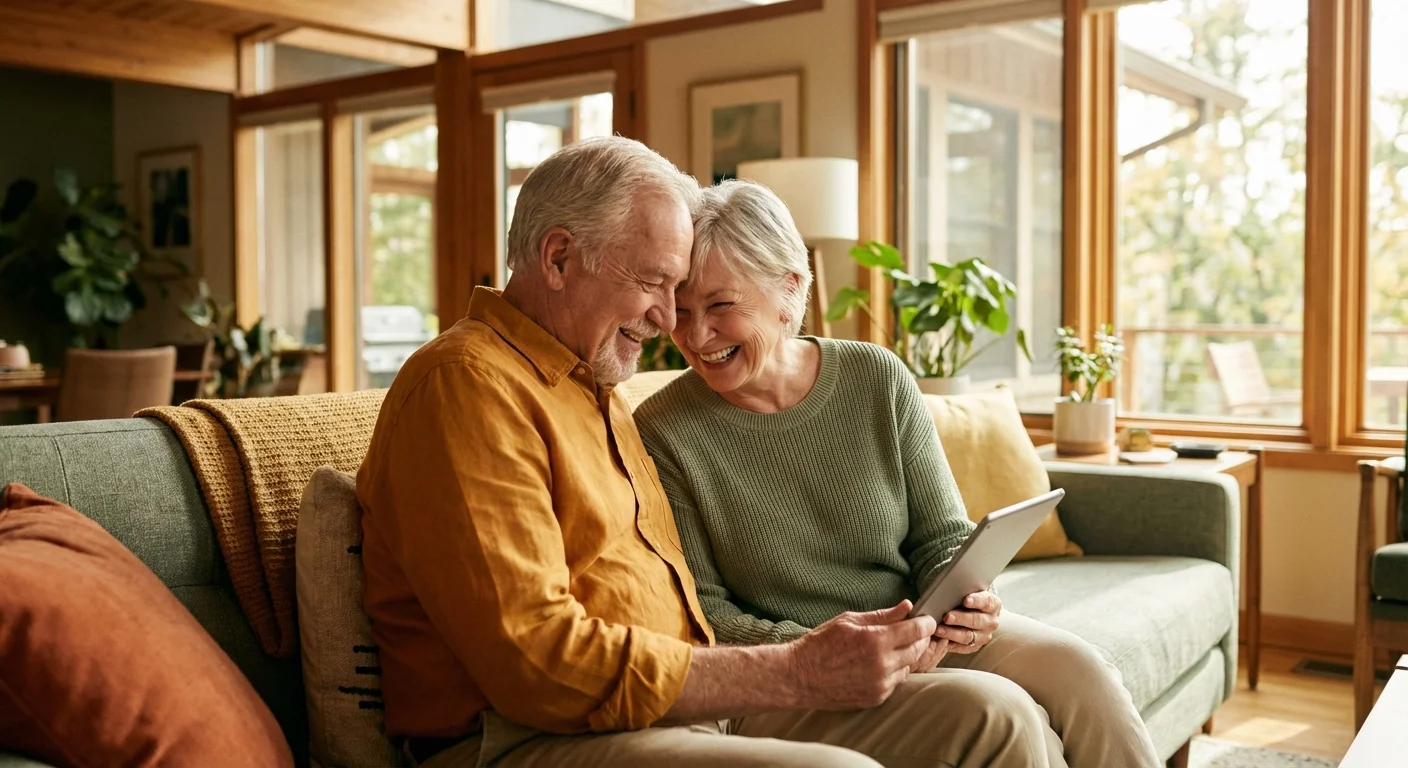 A senior couple smiling while looking at a tablet in a bright, modern living room.